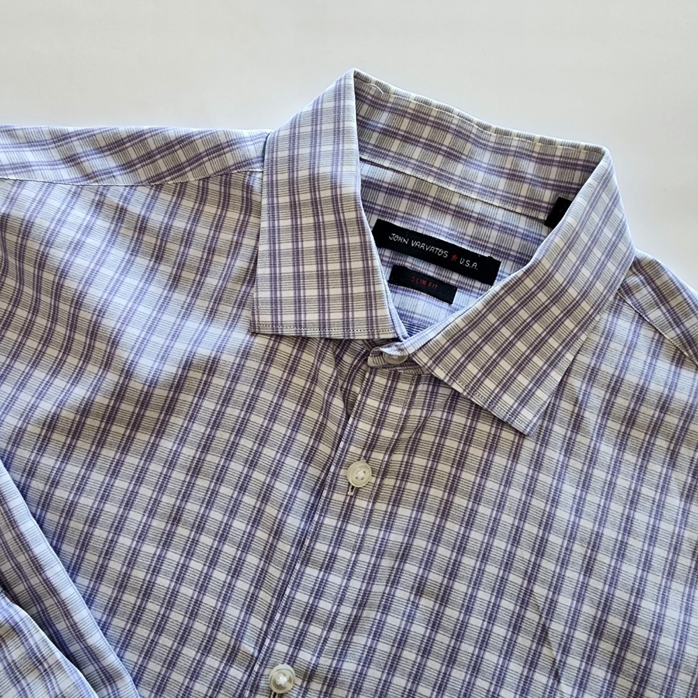 John Varvatos Slim Fit‎ purple white plaid button front shirt mens size 16 34/35